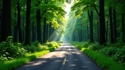 Obraz premium Serene Pathway Through a Lush Forest Canopy with Sunbeams Illuminating the Road Ahead