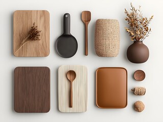 Overhead view of an assortment of natural texture storage boxes and baskets in a minimalist functional and organized display on a light toned tabletop with a clean uncluttered Nordic style aesthetic