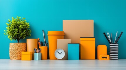 Overhead view of an assortment of diverse storage containers including cardboard wicker and metal neatly displayed on a light wooden table