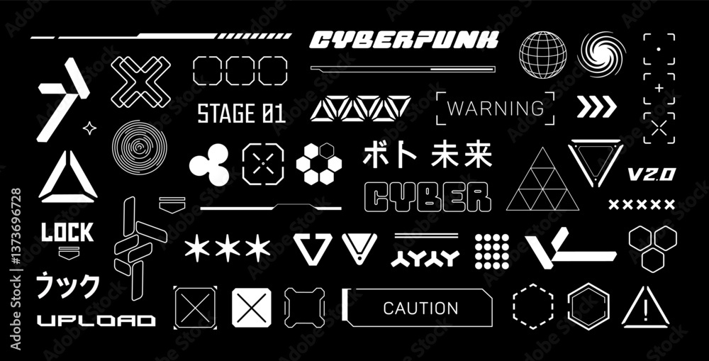 Wall mural japanse cyberpunk futuristic elements with text collection set 2. hud cybepunk style with typography