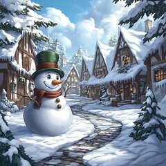 Fototapeta premium Cheerful Snowman in a Snowy Village Winter Scene