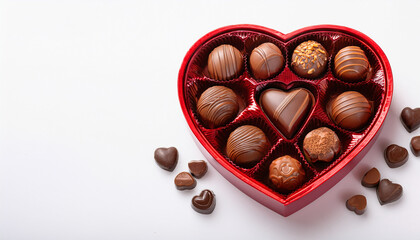 A chocolate candies in heart shaped box on the white isolated background. Top view. World Chocolate Day concept.