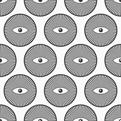 Seamless pattern with eyes inside striped circles. Esoteric symbolism. Magic, witchcraft, occult symbols. Magic eyes. Isolated decorative elements. Black and white vector background.