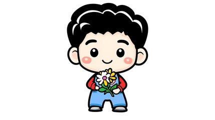 Obraz premium Happy Boy with Flower Bouquet Pixel Art Illustration