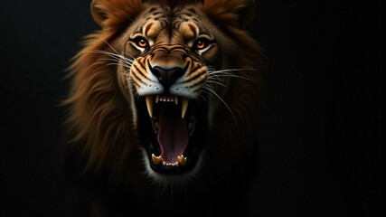 A close-up of a roaring lion with sharp teeth and a dark background