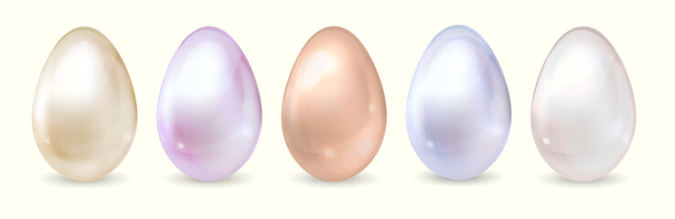 Illustration featuring five colorful pearl eggs in pastel tones symbolizing elegance and creativity against a light neutral background. Perfect for themes of luxury and variety.