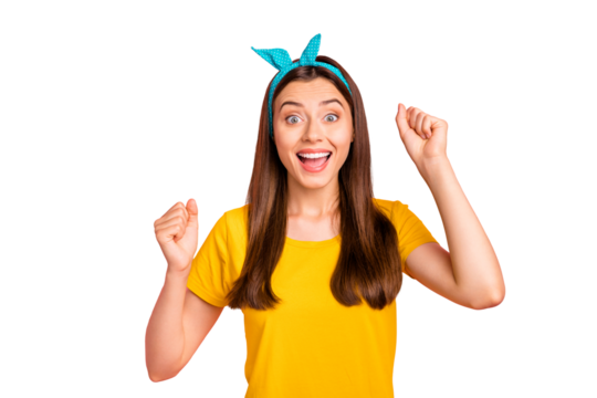 Photo of rejoicing excited amazed teen wearing handband blue pin-up having been rewarded good mark at school while isolated with vivid background