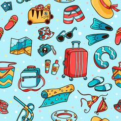 Seamless pattern of things to travel. Stuff for beach holiday, sea vacations. Vector cartoon picture. Hand drawn illustration.
