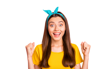 Portrait of cheerful lady raising her fists screaming wearing yellow t-shirt isolated over pink background