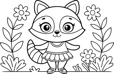 Cute Cartoon Raccoon in a Dress Surrounded by Flowers Outline Style, Transparent