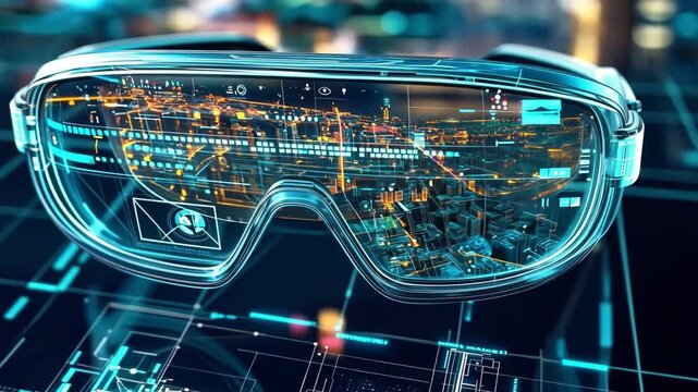 This image features advanced augmented reality glasses with a glowing virtual city inside. It symbolizes the future of technology, blending style and functionality in a sleek design. AI