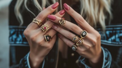 Young caucasian female with gold rings and pink nails displaying bold jewelry style