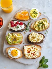 Breakfast with a variety of toasts with avocado, egg, raspberries and other products