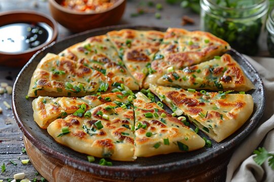 Chinese scallion pancake golden brown with crisp edges, sliced and served with soy