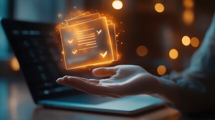 Glowing Icons Floating Above Hand with Laptop Computer Transparent Overlay