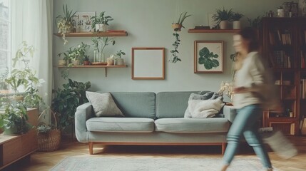 Obraz premium Person walks through living room with plants and decor