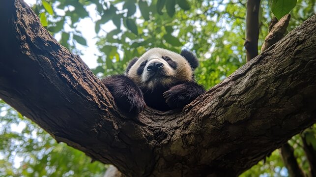 Playful giant panda resting high in a tree amongst lush green leaves
