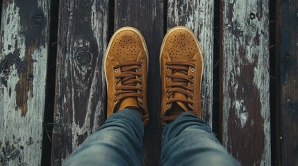 Brown leather sneakers on worn wooden planks