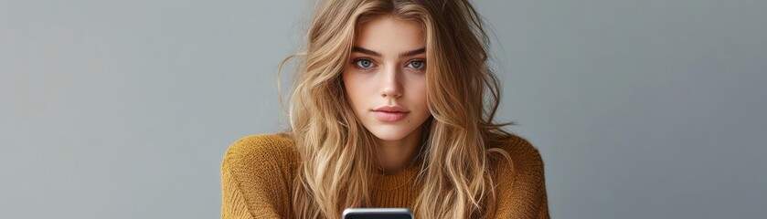 Obraz premium Young Woman with Long Hair Checking Phone in Warm Sweater Indoor