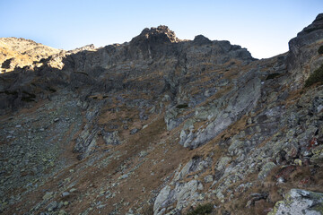 Mountain peaks, High Tatras. Trekking along the national park trail.
