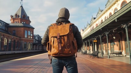 Caucasian male traveler with backpack at historic train station