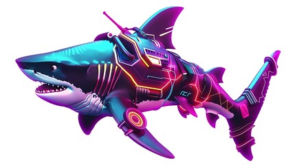 Futuristic Neon Shark A vibrant 80s retro style cybernetic great white shark design