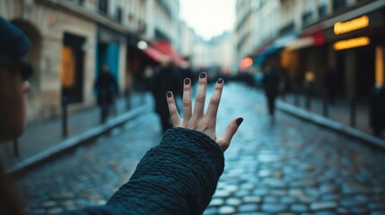 Female hand reaching out on cobblestone street in historic urban setting © Roman