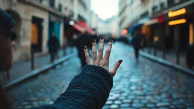 Female hand reaching out on cobblestone street in historic urban setting