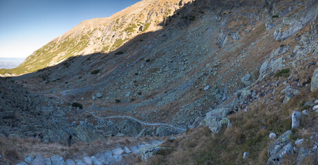 Mountain peaks, High Tatras. Trekking along the national park trail.
