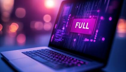 Laptop Screen Displaying Neon FULL Text, Indicating Maximum Capacity or Storage Limit