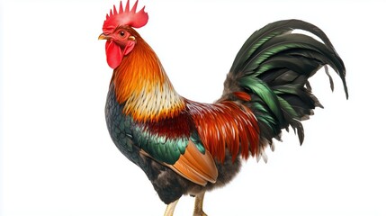 Fototapeta premium Majestic rooster with rainbow feathers is a realistic portrait of a domestic bird on a white background