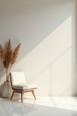 Serene Minimalist Interior Design  A Modern Wooden Chair with White Upholstery and Dried Pampas Grass in a Simple Room Setting