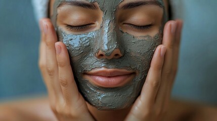 Young hispanic female enjoying relaxing facial mask treatment at spa