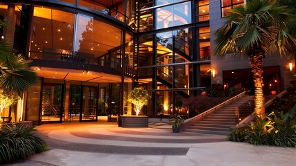 Modern Building Entrance at Night with Illuminated Staircase and Landscaping
