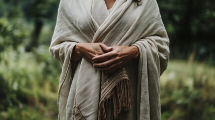 Fototapeta premium Female adult wrapped in cozy blanket in tranquil forest setting