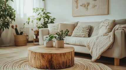 Cozy living room with wooden coffee table and neutral decor