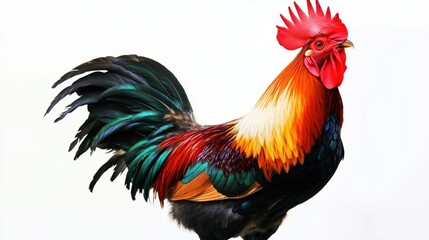 Fototapeta premium Majestic rooster with rainbow feathers is a realistic portrait of a domestic bird on a white background