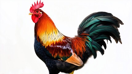 Fototapeta premium Majestic rooster with rainbow feathers is a realistic portrait of a domestic bird on a white background