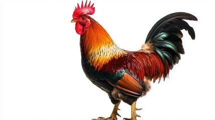 Fototapeta premium Majestic rooster with rainbow feathers is a realistic portrait of a domestic bird on a white background