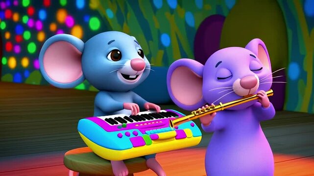 Two 3d cartoon character mouse playing music instrument, rats playing keyboard and flute.