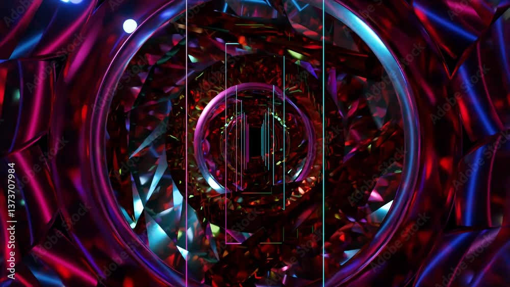 Wall mural abstract background 3d animation shiny glass and metal reflective objects movement rotation play of 