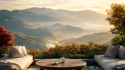 Fototapeta premium Scenic Mountain Retreat: Relaxing terrace with sunrise view, inviting seating, and tea for serene mornings.