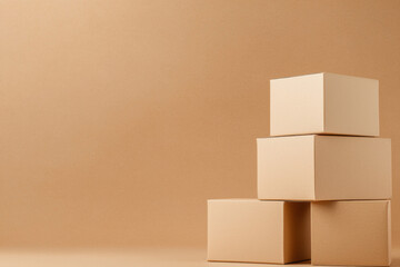 Fototapeta premium Neatly piled brown carton boxes on warm toned background create cozy and organized atmosphere, perfect for storage or shipping needs