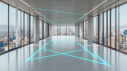 Fototapeta premium Modern Futuristic Office Corridor with City View