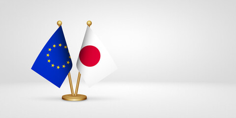 EU vs Japan desk flags mockup 3d illustration. Versus flag of European Union