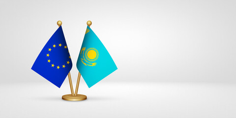 EU vs Kazakhstan desk flags mockup 3d illustration. Versus flag of European Union