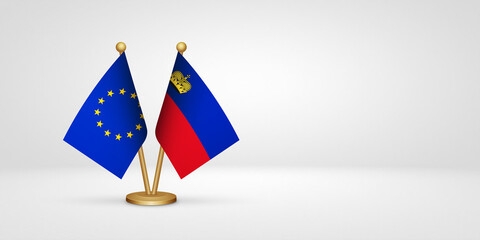 EU vs Liechtenstein desk flags mockup 3d illustration. Versus flag of European Union