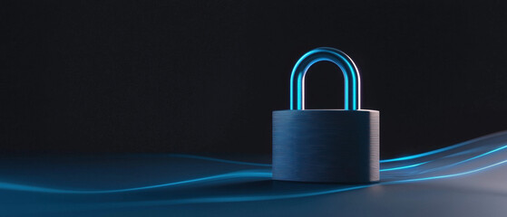sleek, ultra modern padlock with glowing blue key mechanism stands prominently against dark background, symbolizing security and innovation