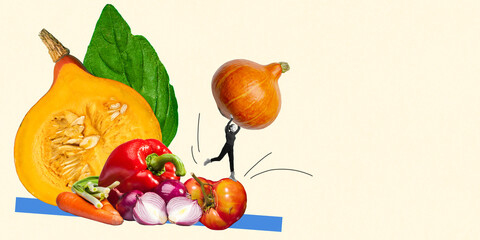 Tiny person holding huge pumpkin above variety of fresh vegetables. Conceptual design. Concept of harvest, gardening, food diversity, sustainable farming, colorful gardening, seasonal cultivation.