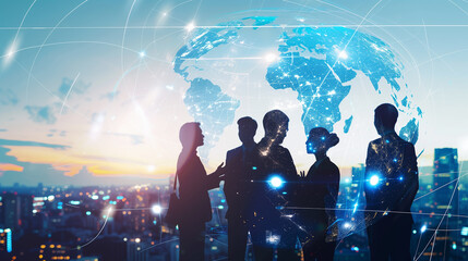 A group of people are standing in front of a world map. The people are dressed in business attire and are all smiling. Concept of unity and collaboration among the people